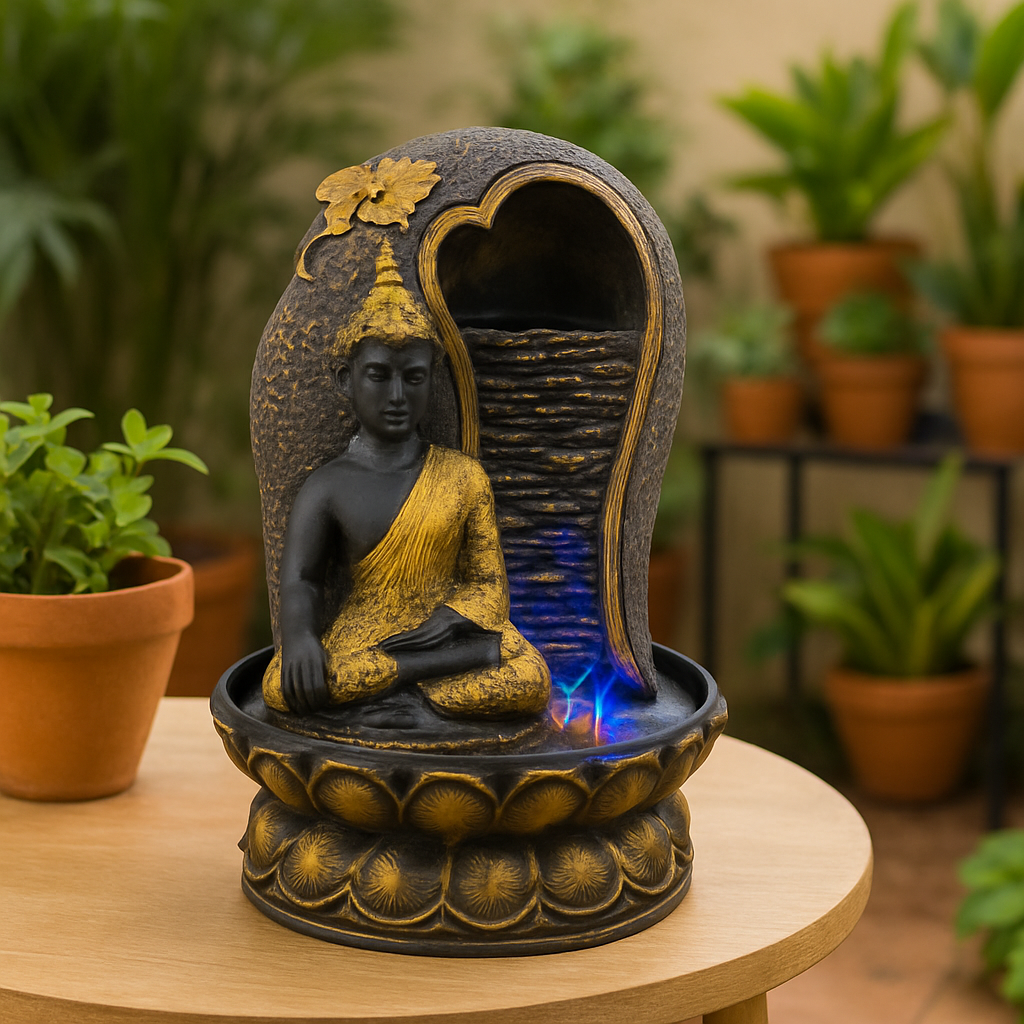 REGAL HOMEWARE Buddha Statue Water Fountain with LED Lights for Living Room Bedroom, Home Décor Indoor, Outdoor, Office Decoration Items, Colour-Multicolour (25H x 22L x 22W) cm