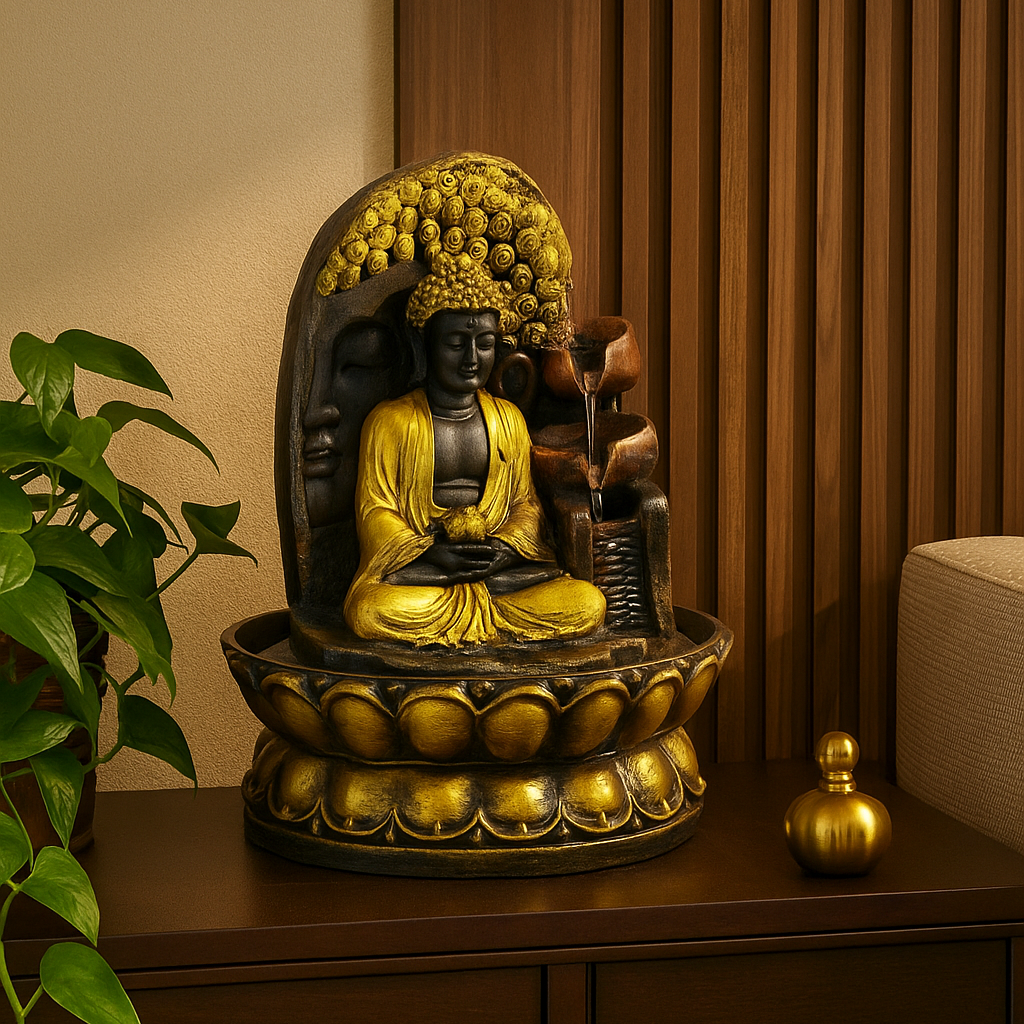 REGAL HOMEWARE Polyresin Buddha Fountain for Home Indoor and Outdoor Tabletop Waterfall Indoor Home Decoration and Gift Item, Colour-Multicolour (25H x 22L x 22W) cm