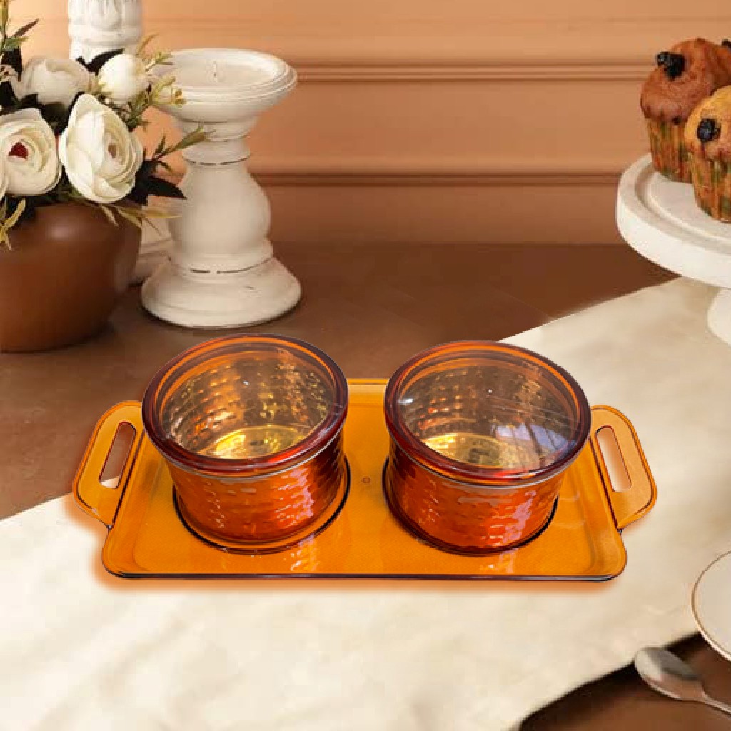 REGAL HOMEWARE Stainless Steel Serving Bowl, Set of 2 Bowl with Air Tight Lid, Decorative Serving Bowl with Plastic Tray. Store and Serve Cannister Copper Colour