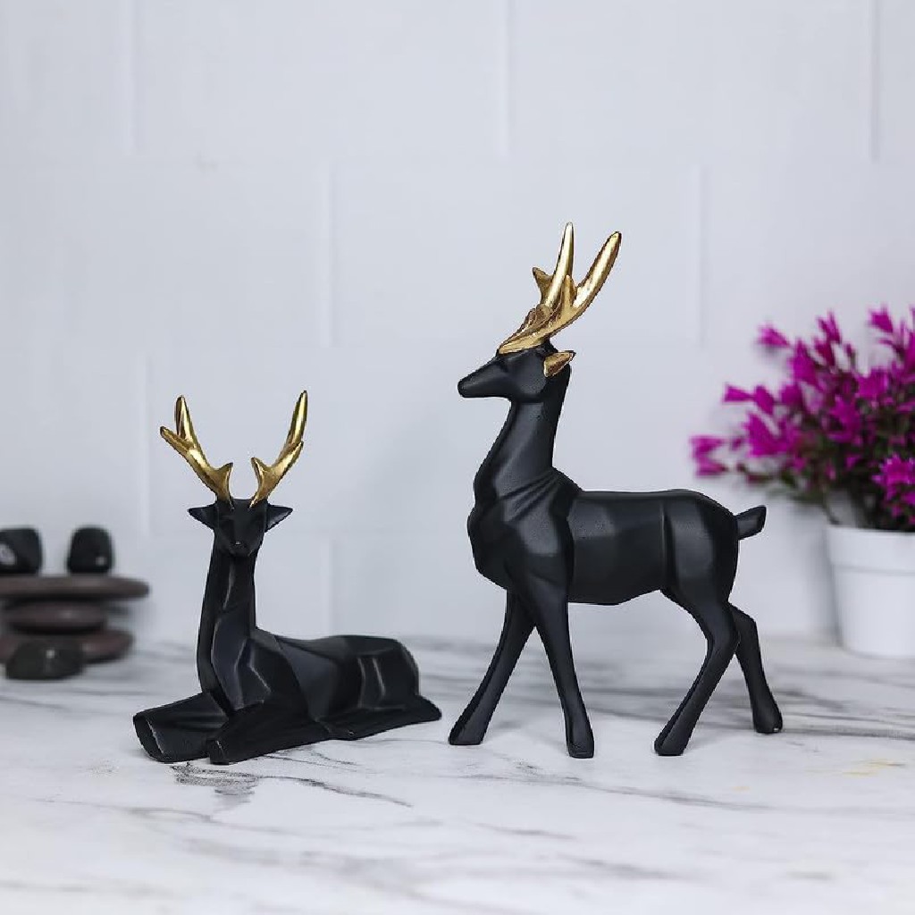 REGAL HOMEWARE Deer Couple Showpiece, Black Deer Statue Set of 2 Pieces, Home Decorative Statue, Deer Set for Living Room, Bedroom, Office, Desk, Shelf