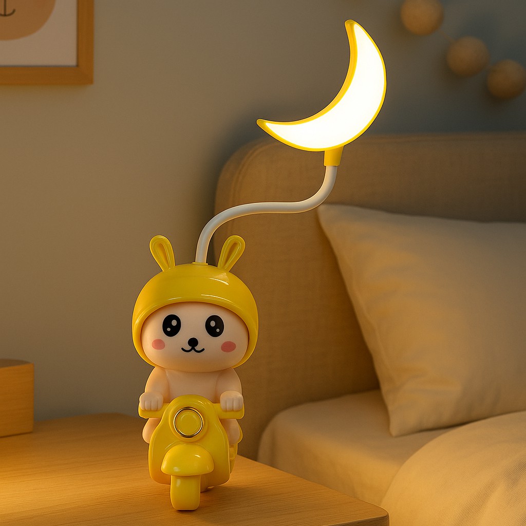 Cute Scooter LED Night Lamp for Kids | Moon Light with Flexible Neck | Rechargeable USB Desk Lamp for Study & Decor | Bunny Rider Design – Yellow