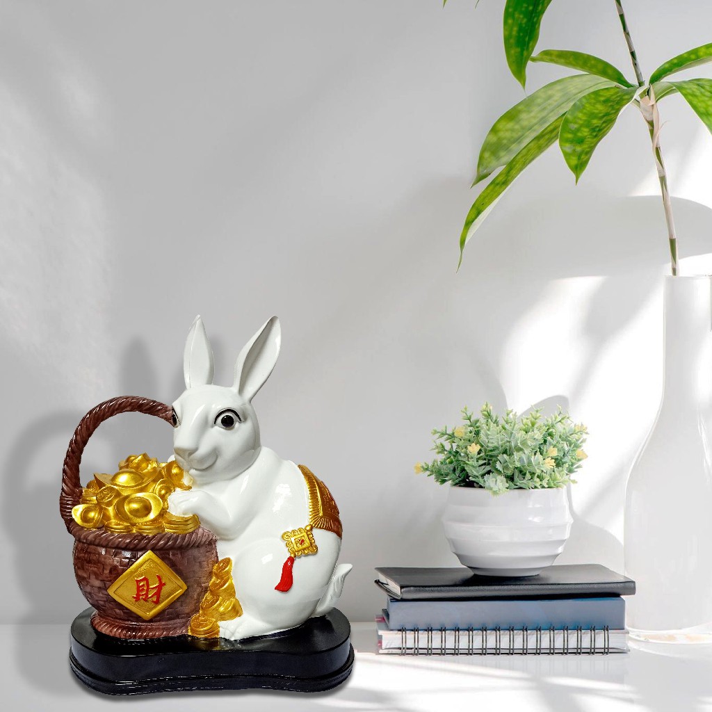 REGAL HOMEWARE White Rabbit on Gold Coins to Promote Wealth and Good Luck, Fengshui Luck, Abundance and Prosperity, Polyresin Collectible Figurines Table Decor Statue (45H x 30W x 20L)
