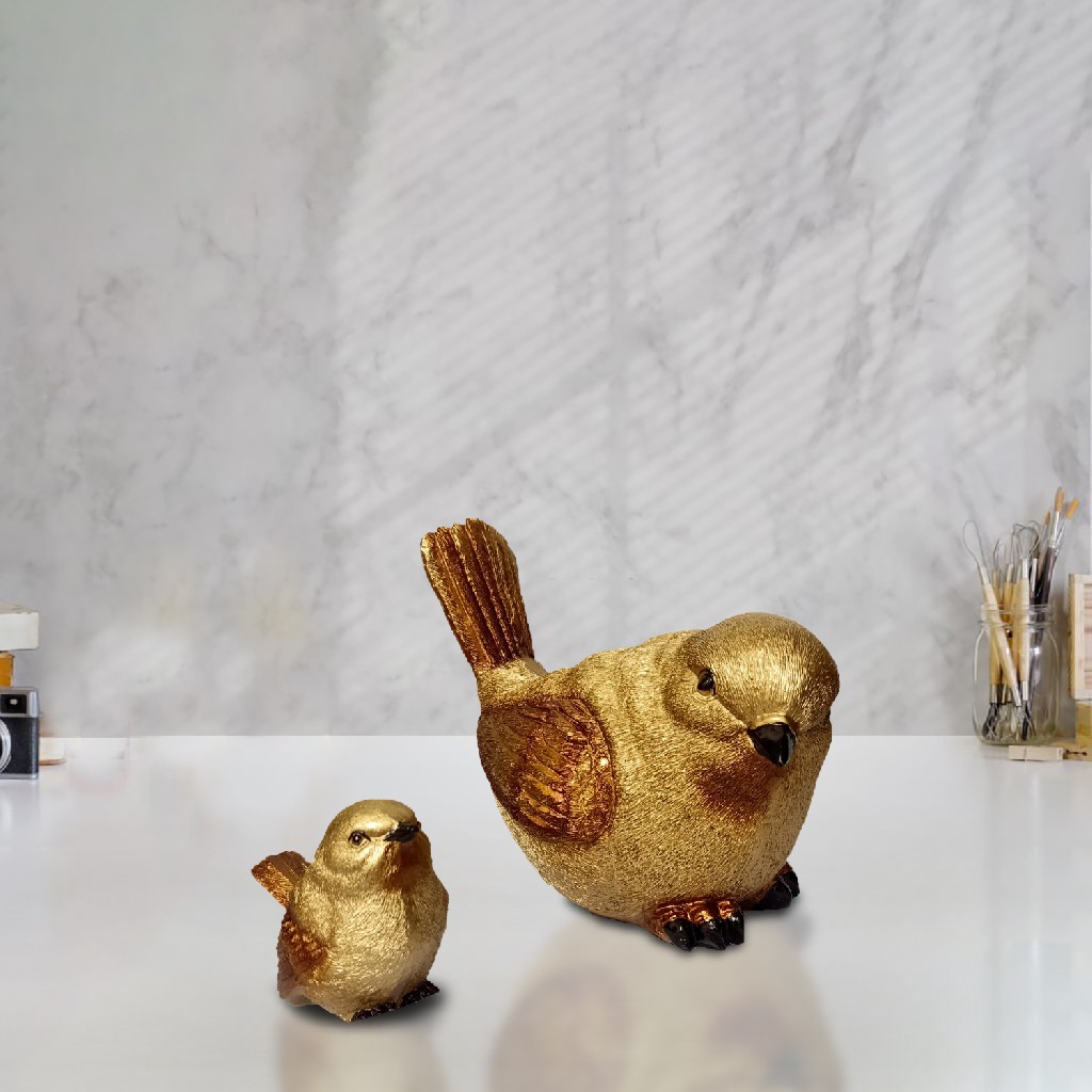 REGAL HOMEWARE Polyresin Bird Set Sculpture, Loving Sparrow Bird Mother with Baby Bird showpiece for Home Decor, Bird Statue for Decoration and Gift (GOLDEN-18L x 12W x 14H cm)