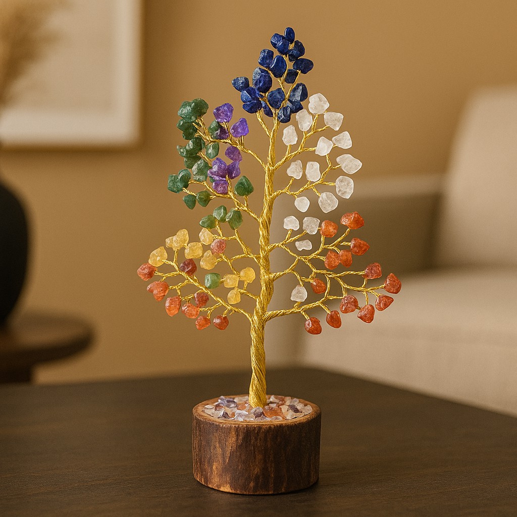 REGAL HOMEWARE Seven Chakra Tree Gemstone - Crystal Tree for Positive Energy, 7 Chakra Tree, Showpiece Feng Shui, Decorative Spiritual Gift, Golden Wire with Multicolour Beeds