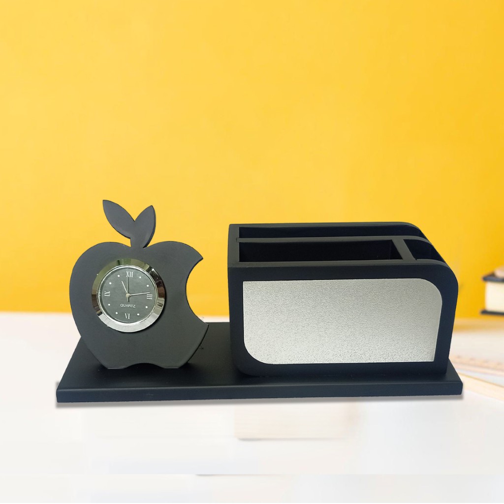 REGAL HOMEWARE Wooden Desktop Organiser with Clock, Apple Shape Visiting Card and Mobile Holder, Multipurpose Desk Organizer for Office with Business Card Holder Black (20W x 10H x 8L) cm