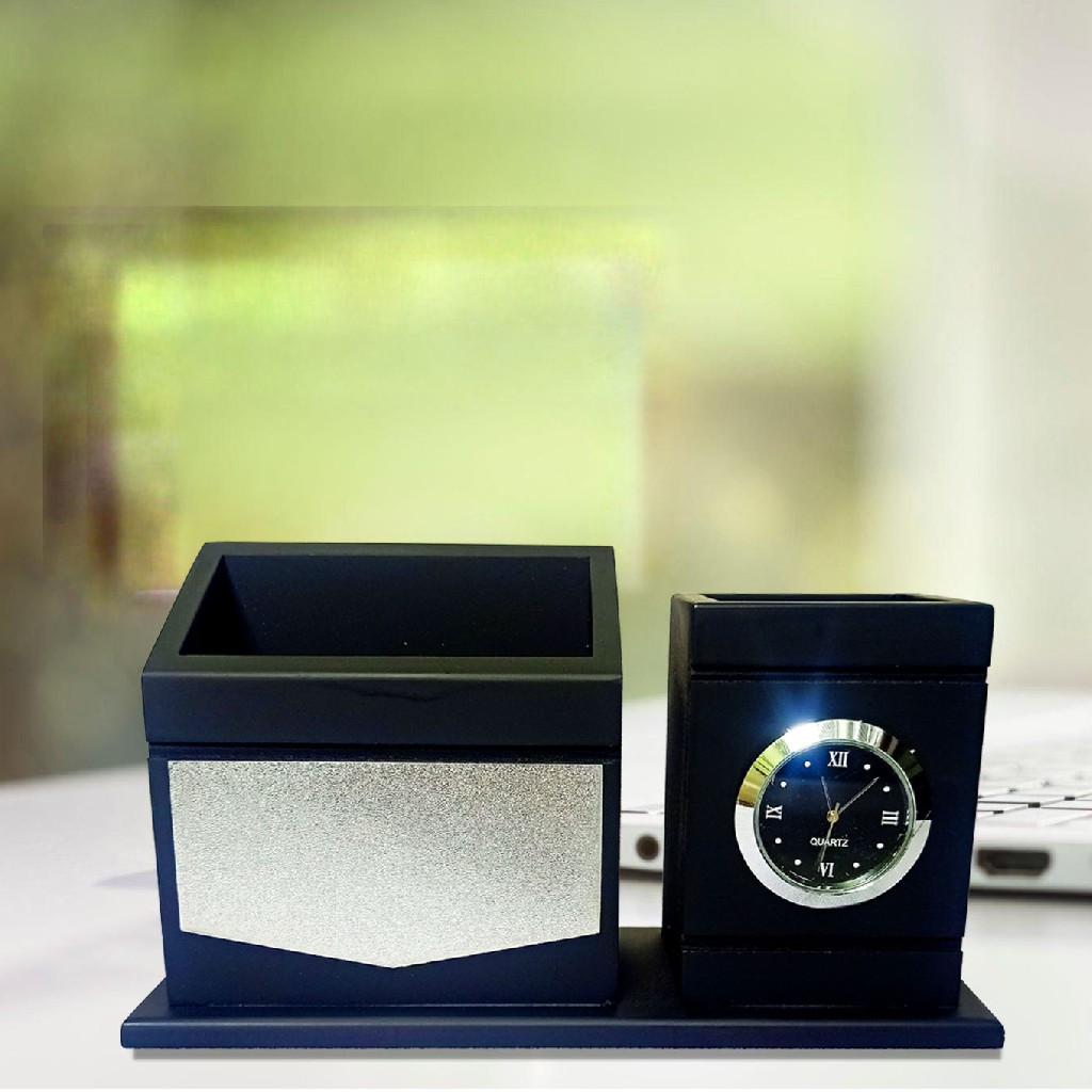 REGAL HOMEWARE Black Wooden Pen Stand with Clock, Visiting Card & Mobile Holder, Luxury Design Multipurpose Desk Organizer for Office with Business Card Holder Black (20W x 10H x 8L) cm