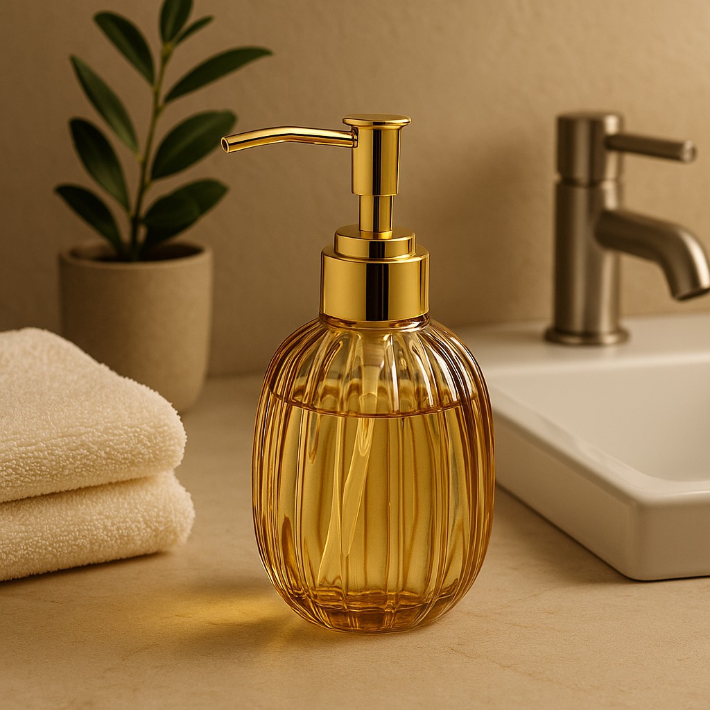 REGAL HOMEWARE Glass Soap Dispenser, Fancy Design Transparent Golden Finish Body with Golden Pump & Decorative Ribbed Design, 330 ML