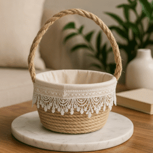 REGAL HOMEWARE Decorative Rope Basket with Handle | Small Handmade Jute Basket with Lace Lining | Rustic Storage Basket for Gift Hamper, Table Decor, Wedding & Home Use (4 Inch Wide, Beige)